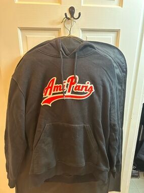 Ami Paris Black Hoodie Sweatshirt with Red Logo